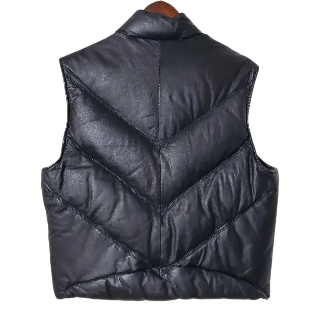 Goose Country Bomber Vest Size 44 Full Zip Down Feathers Leather Black Mens